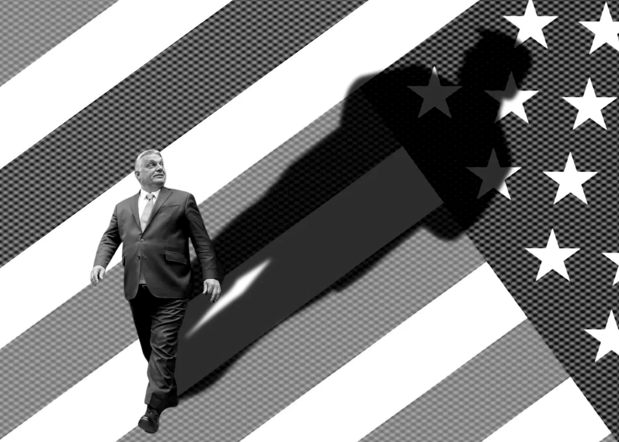 Viktor Orbán with Donald Trump-shaped shadow walking over an American flag