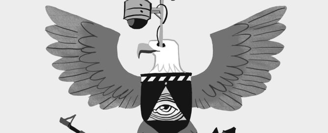 illustration of the american bold eagle holding weapons and with a surveillance system coming out of its eyes
