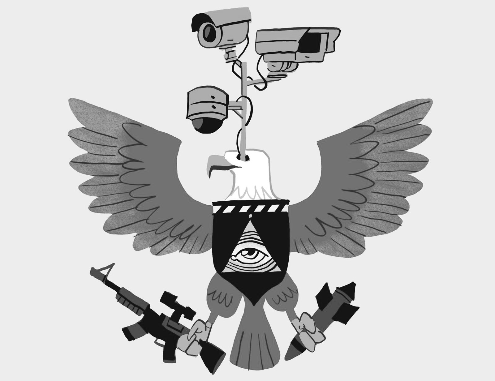 illustration of the american bold eagle holding weapons and with a surveillance system coming out of its eyes