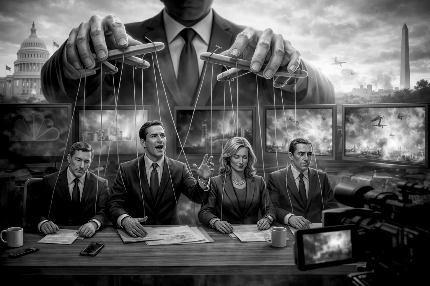 Illustration of American congress being puppeteered by a mystery figure