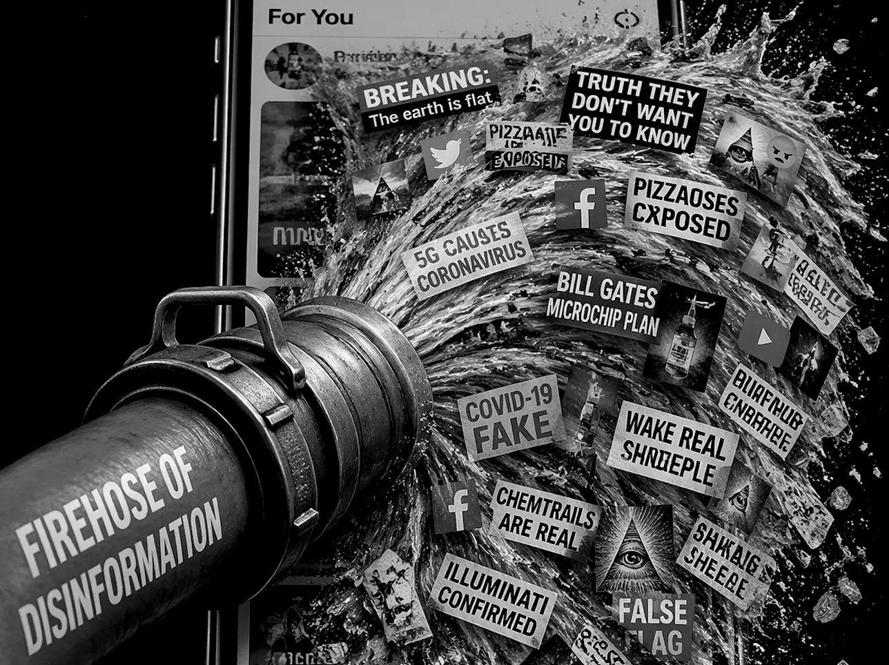 graphic rendition of a fire-hose putting out a misinformation fire