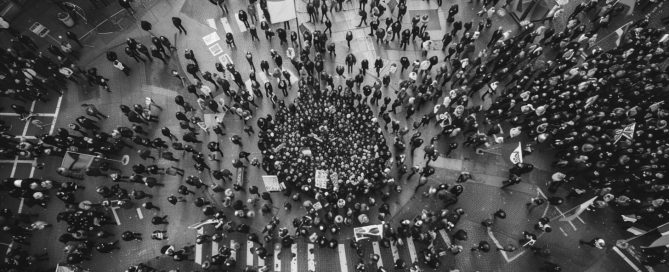 diverse crowd gathering public square