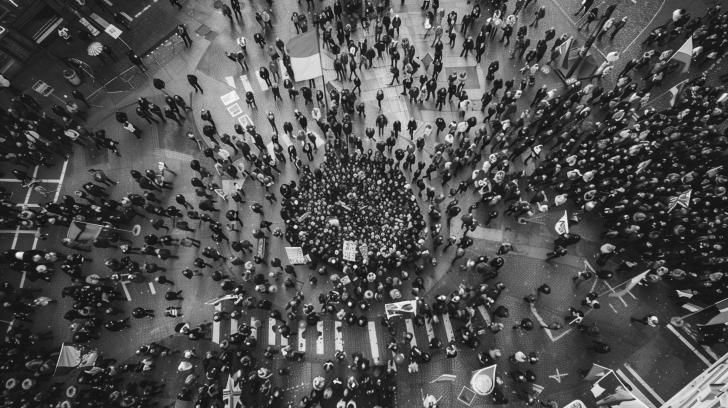 diverse crowd gathering public square
